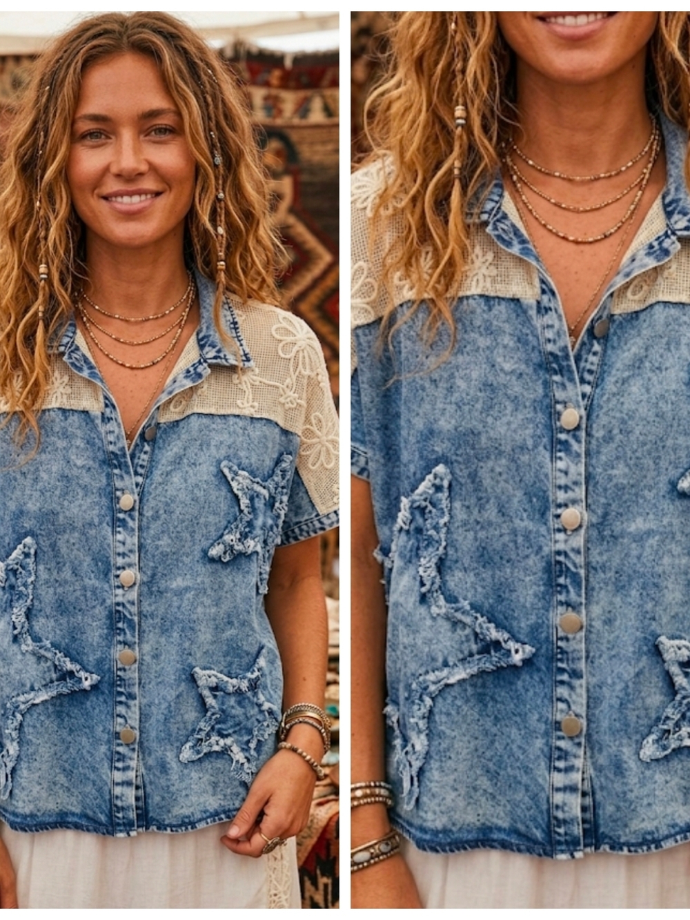 Denim Lace Patchwork Star Button Up- Blue